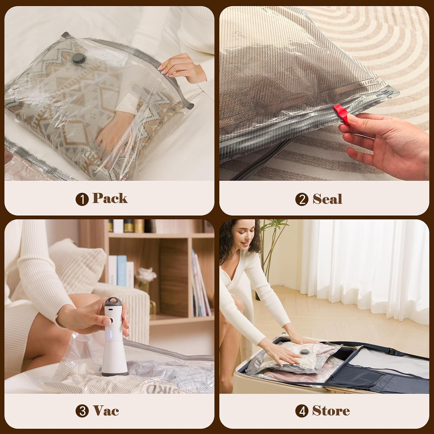 Vacbird 12 Pack Vacuum Bags for Travel with Rechargeable air Pump, Carry-on Size Vacuum Seal Bags for Luggage and Suitcase Compression, Space Saver for Clothes and Clothing Travel | See Contents Easily with Transparent Bags, 1500mAh Pump Compresses 90+ Bags, Carry-On Size for Easy Travel Packing - Image 5