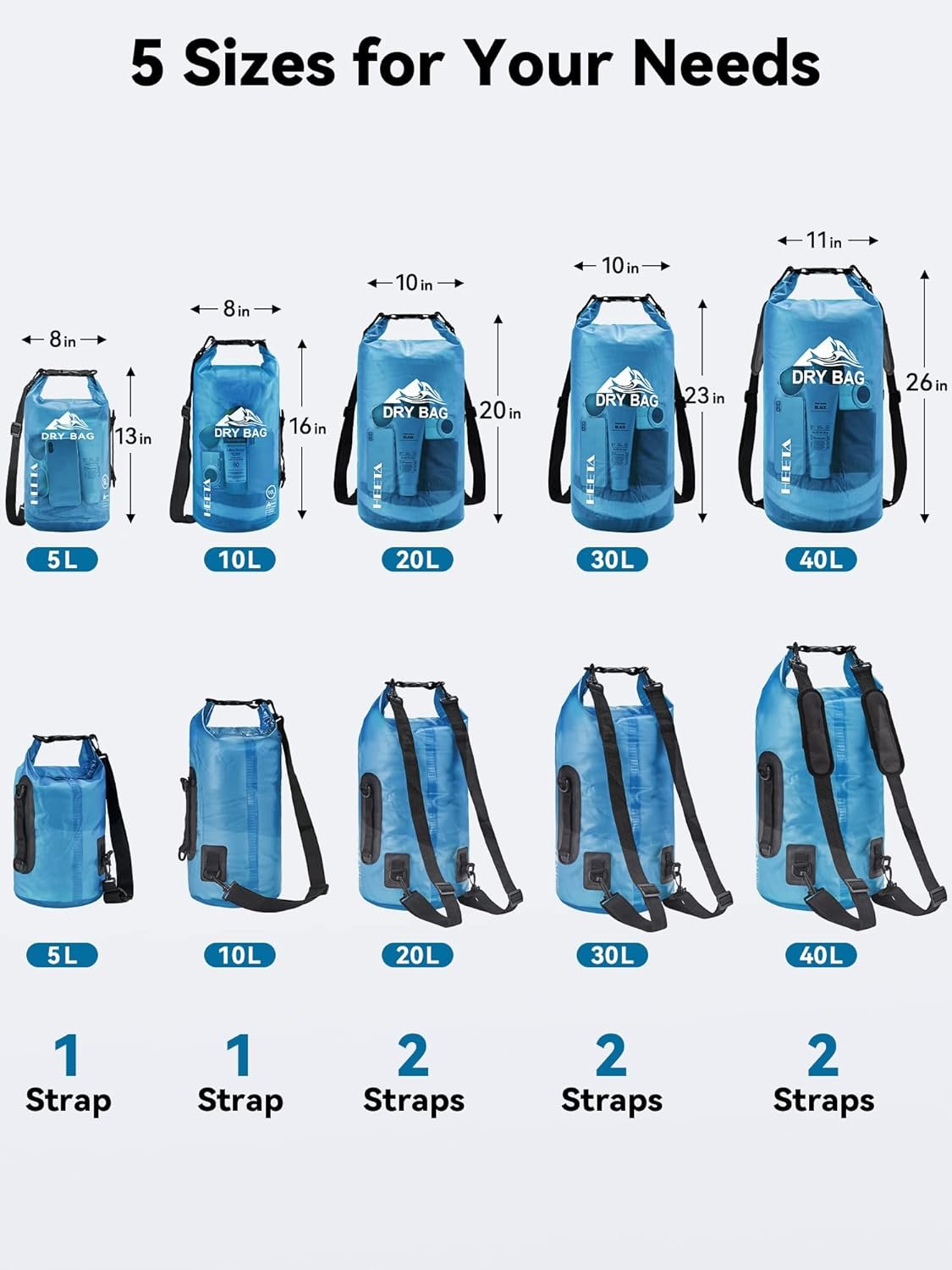 HEETA Dry Bag Waterproof Backpack with Phone Case 5L/10L/20L/30L/40L | Roll Top Lightweight Dry Storage Bag for Women Men, Travel Boating Kayaking Paddle Board Camping Beach Essentials Accessories - Image 2