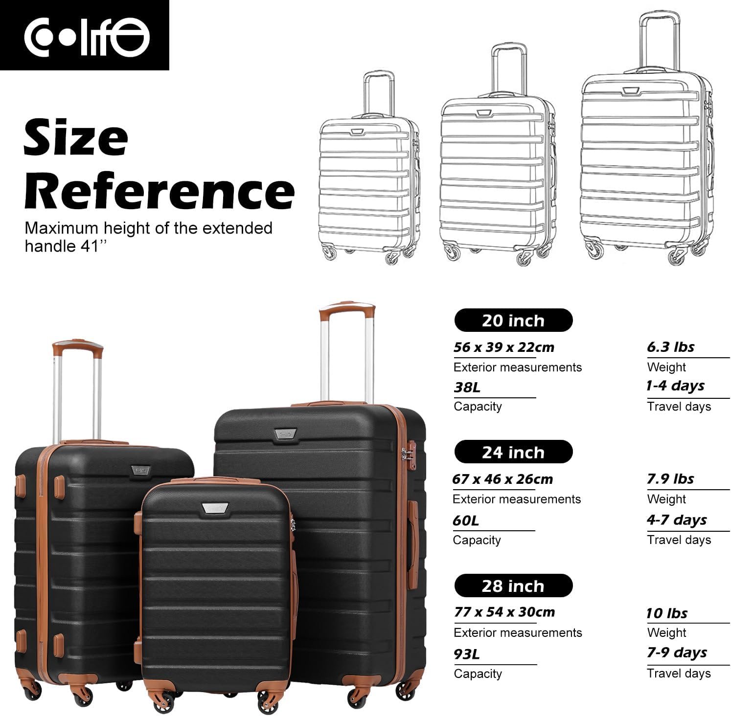 Coolife Luggage Set, Lightweight Durable Hardshell, 3 piece, Apricot Navy | suitcase set with 360° Spinner Wheels, TSA-approved Lock, Checked Family Travel, 20/24/28 Inch - Image 7