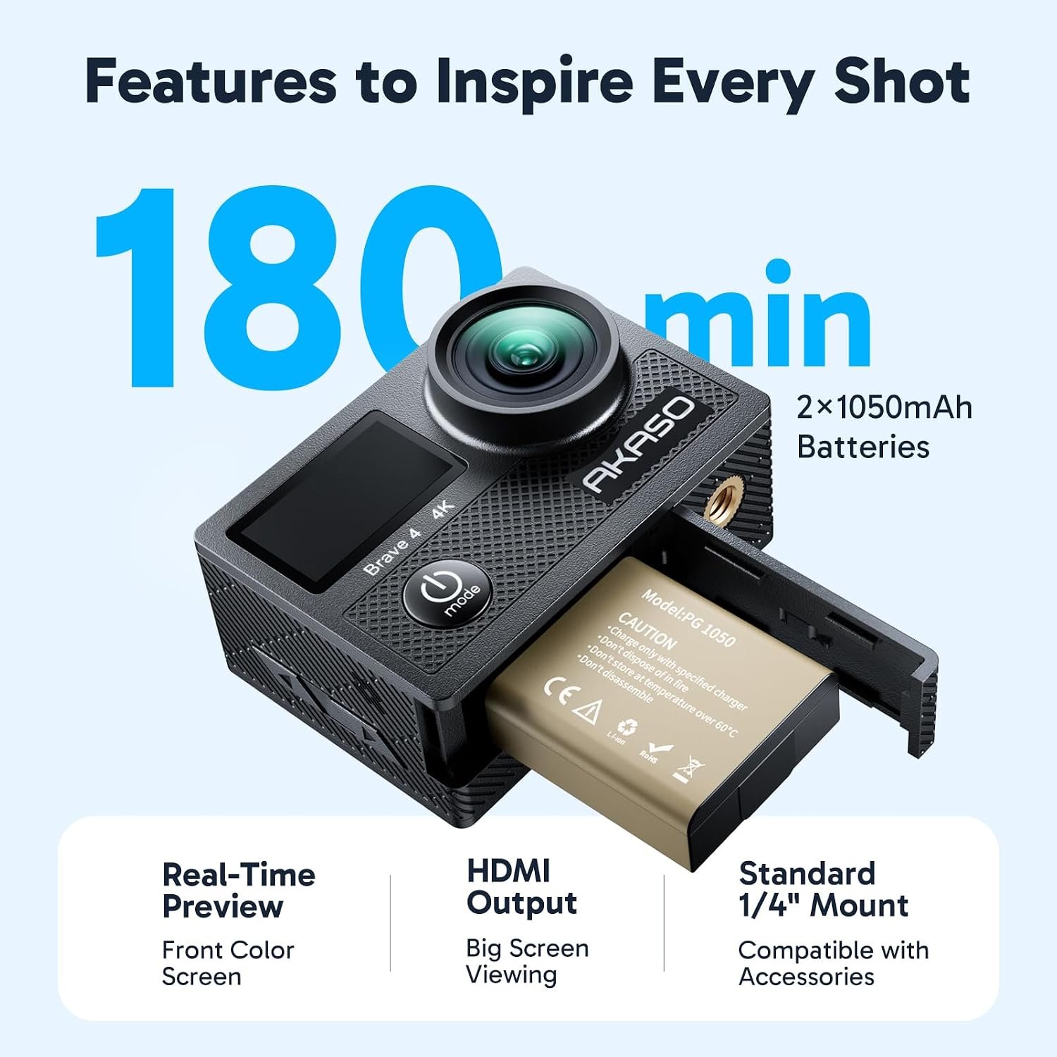 AKASO Brave 4 Action Camera 4K 30fps with 64GB MicroSD Card Bundle | 20MP EIS WiFi 170° FOV 5X Zoom Waterproof Underwater Camera for Snorkel, Travel, Bicycle, Helmet, Motorcycle Accessories Kit - Image 8