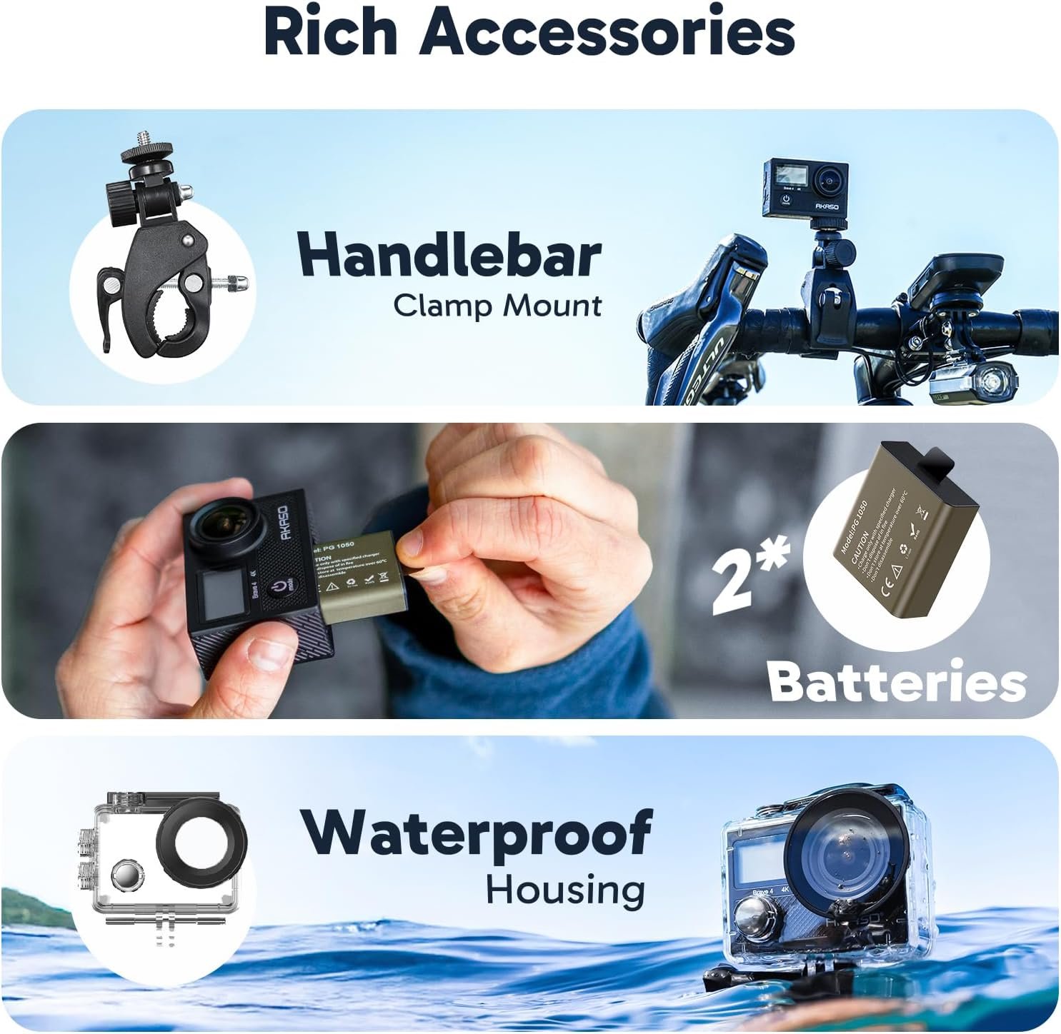 AKASO Brave 4 Action Camera with Floating Hand Grip and Carrying Bag Bundle | 20MP EIS WiFi 170° FOV 5X Zoom Waterproof Underwater Camera for Snorkel, Travel, Bicycle, Helmet, Motorcycle Accessories Kit - Image 7