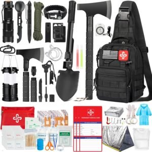 Survival Kit, 262Pcs Survival Gear and Supplies with First Aid Kit Pouch and Crossbody Bag, Emergency Kit with Tent, Camping Axe Hammer, Survival Shovel w/Pick, Bug Out Bag Gifts for Men Women