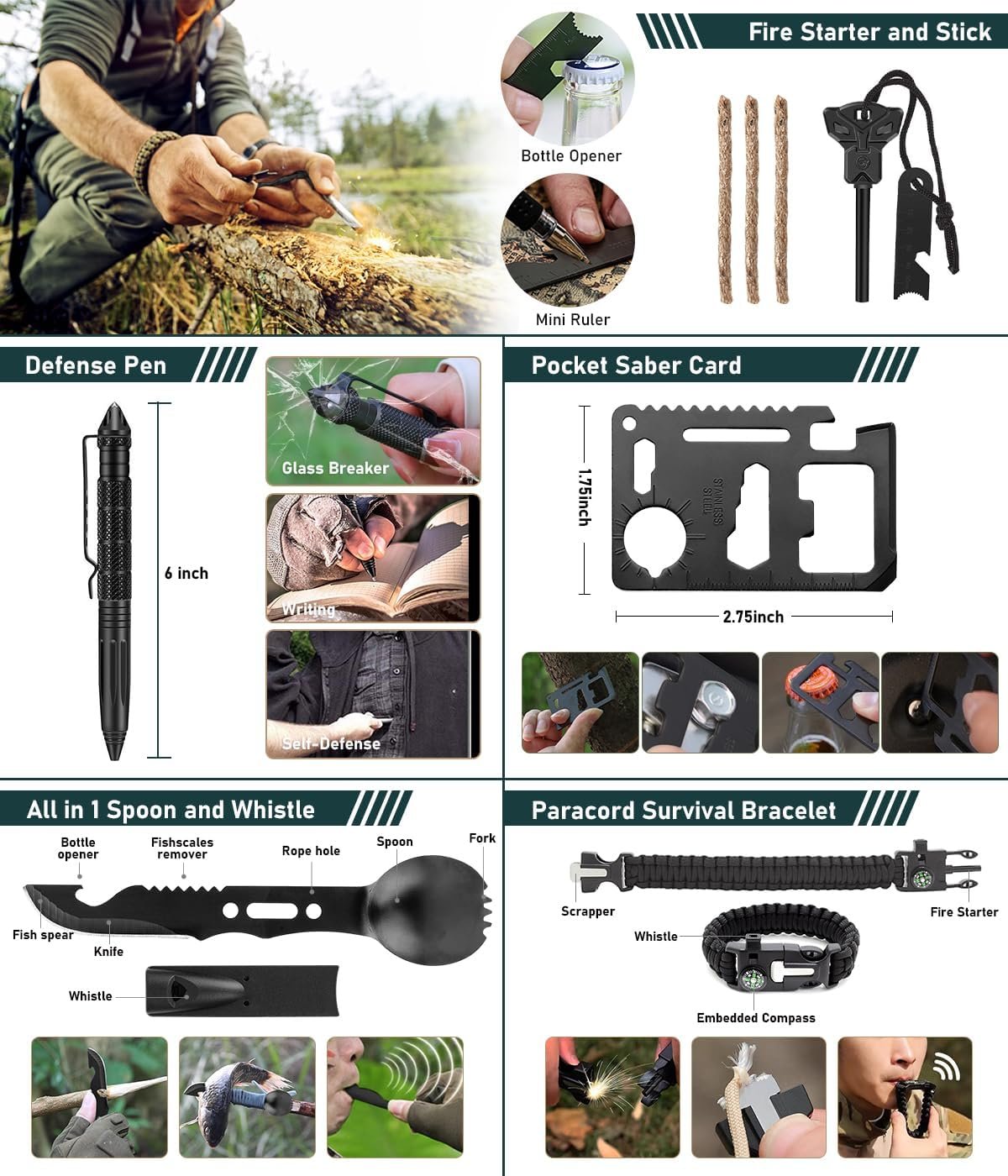 Survival Kit, 262Pcs Survival Gear and Supplies with First Aid Kit Pouch and Crossbody Bag, Emergency Kit with Tent, Camping Axe Hammer, Survival Shovel w/Pick, Bug Out Bag Gifts for Men Women - Image 7