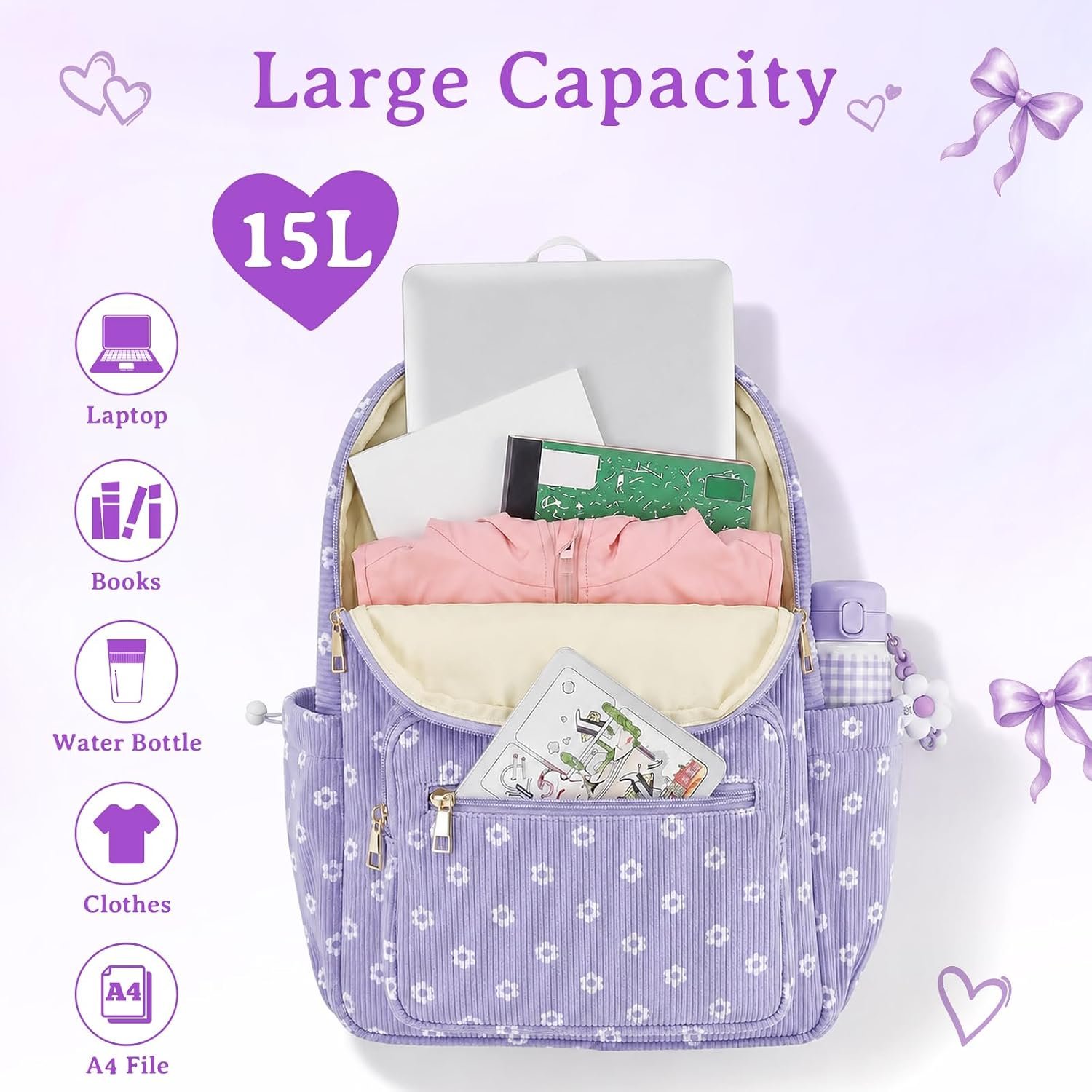Corduroy Girls Backpack，Cute School Backpack for Teens Girls Kids Bookbags for Elementary High School Women Laptop Bags Daypacks With Lunch Bag and Pencil Case (1 Set) - Image 4