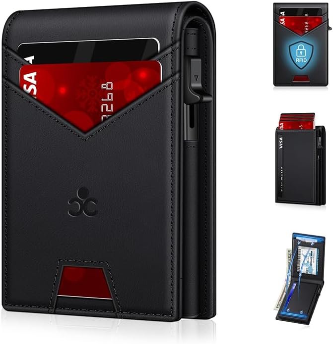Wallet for Men RFID Blocking Minimalist Card Holder Wallet for 12-14 Cards | Slim Bifold Smart Wallet with ID Window & Cash Slot, Front Pocket Compact Metal Credit Card Case, Birthady Gifts for Men