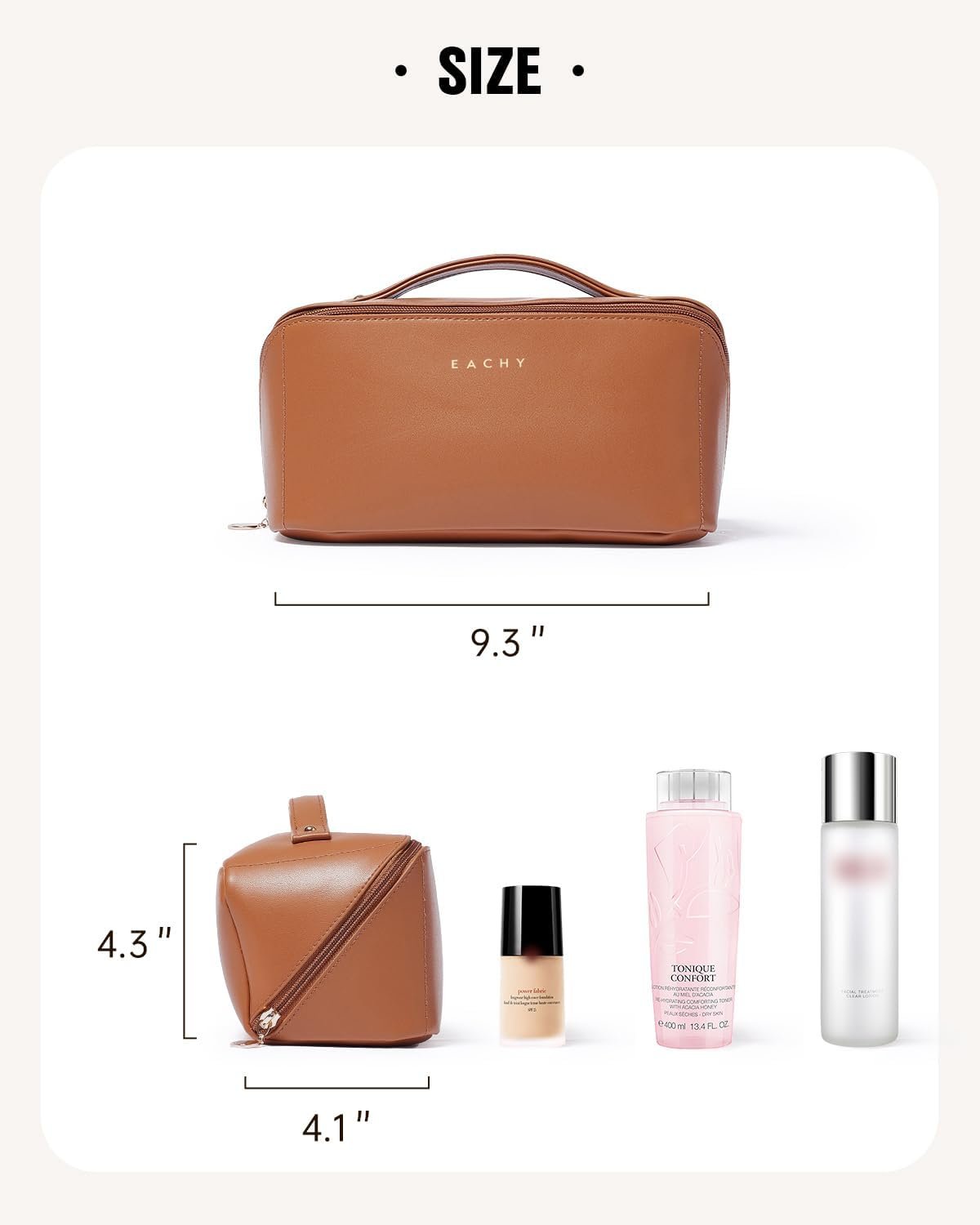 EACHY Travel Makeup Bag for Women, PU Leather Cosmetic Bag, Brown, Medium | Water-resistant PU leather exterior with flat-open access, clear TPU brush compartment and organized storage for cosmetics - Image 6