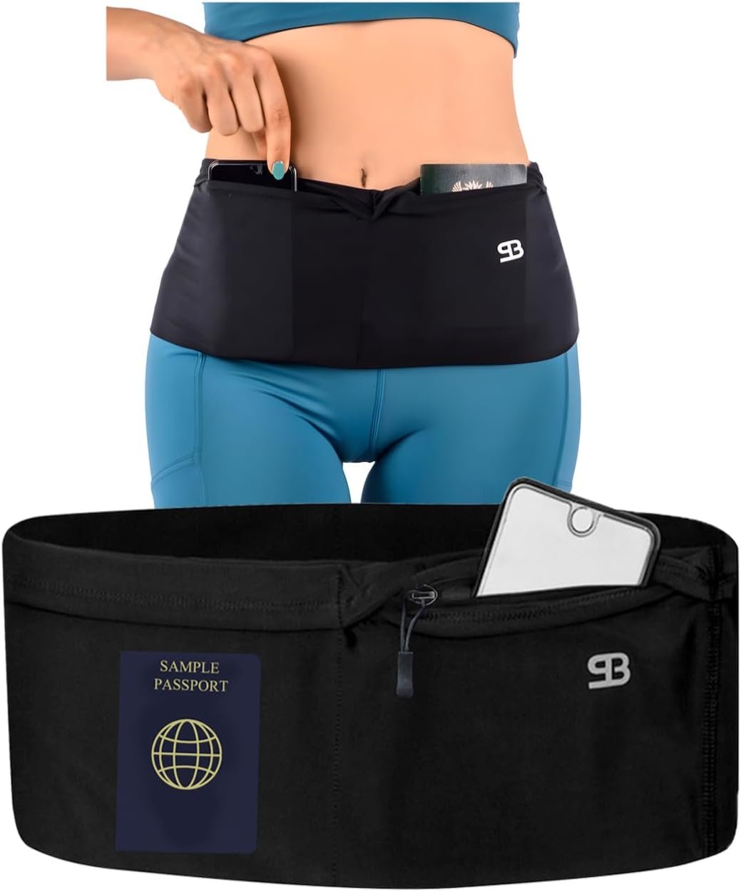 Running Belt Money Belt 4-Pocket Phone Holder | No-bounce Fanny and Waist Pack, 4 Large Security Pockets and Zipper, Fits All Size Phones Travel Documents and Passport
