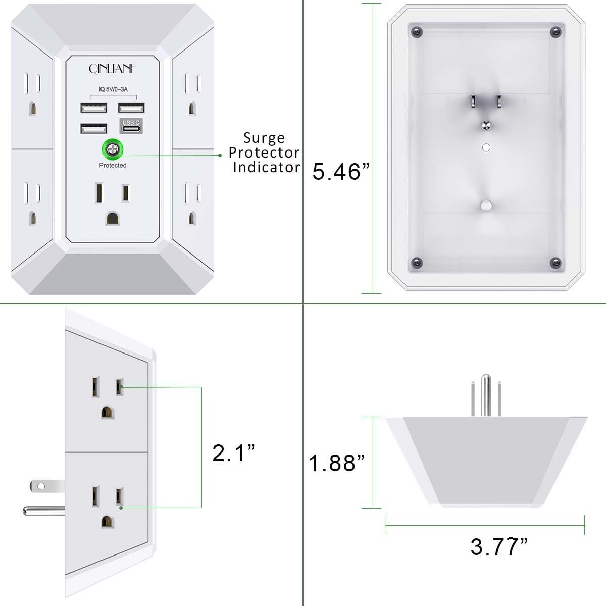 Wall Charger, Surge Protector, QINLIANF 5 Outlet Extender with 4 USB Ports | 1680 Joues, 3-Sided Power Strip, Multi Plug Wall Outlet Adapter Spaced for Home Travel Office - Image 7