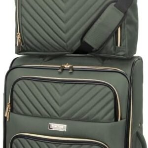 Kenneth Cole REACTION Chelsea 2-Piece Bundle - 20" Chevron Expandable 8-Wheel Carry-On Suitcase & Matching 15" Laptop Tote Bag, Olive