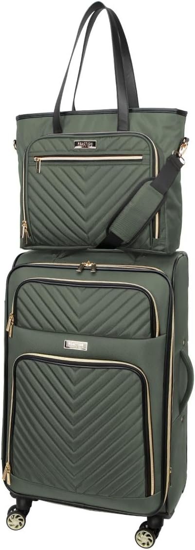 Kenneth Cole REACTION Chelsea 2-Piece Bundle - 20" Chevron Expandable 8-Wheel Carry-On Suitcase & Matching 15" Laptop Tote Bag, Olive