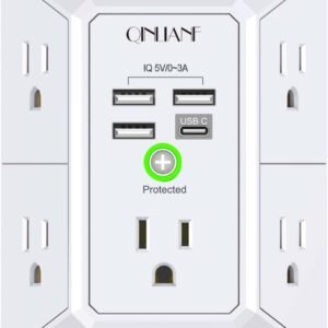 Wall Charger, Surge Protector, QINLIANF 5 Outlet Extender with 4 USB Ports | 1680 Joues, 3-Sided Power Strip, Multi Plug Wall Outlet Adapter Spaced for Home Travel Office