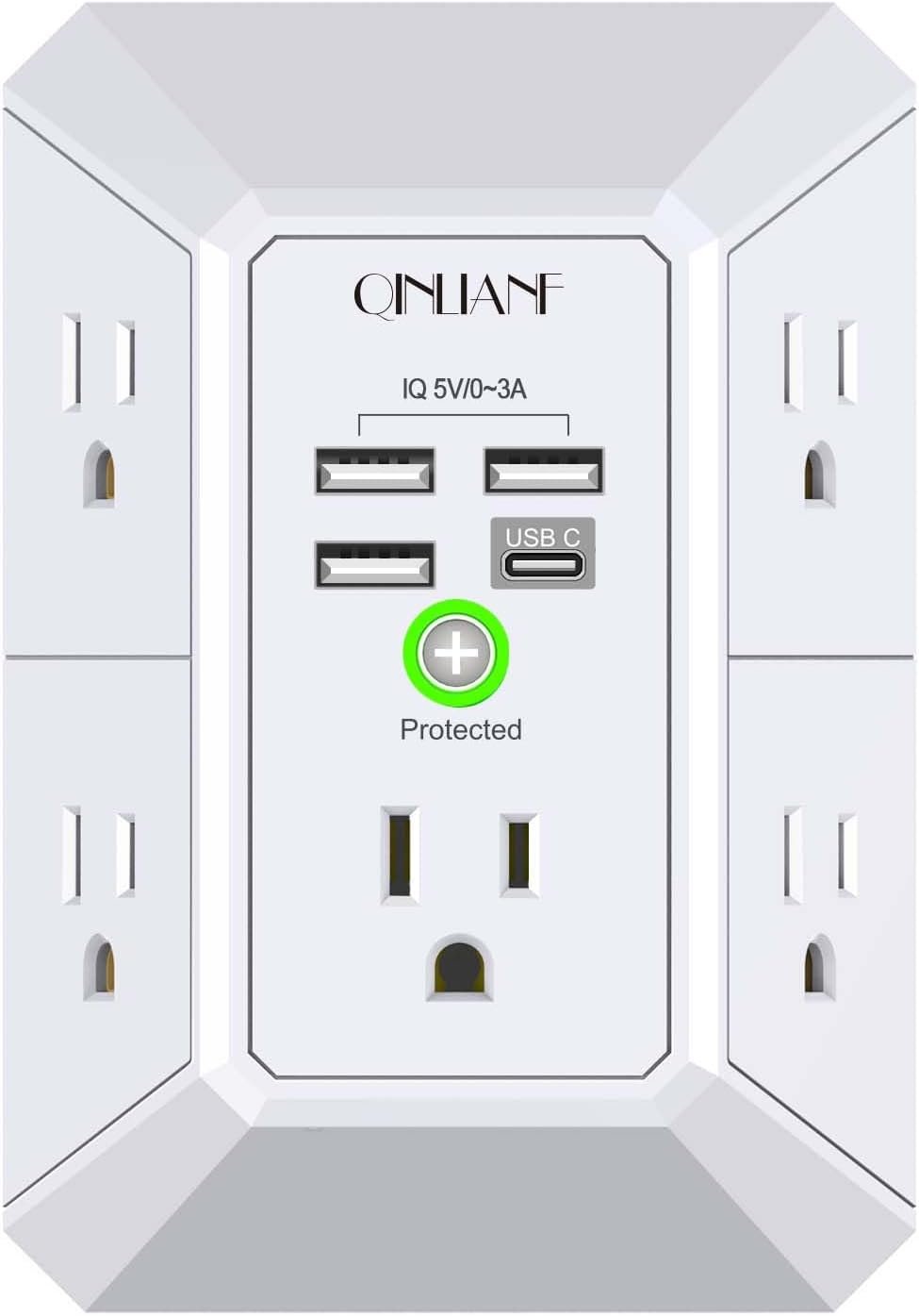 Wall Charger, Surge Protector, QINLIANF 5 Outlet Extender with 4 USB Ports | 1680 Joues, 3-Sided Power Strip, Multi Plug Wall Outlet Adapter Spaced for Home Travel Office
