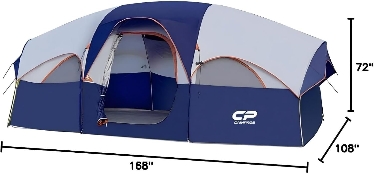 CAMPROS CP 8 Person Camping Tent, Room Divider, Rainfly, Weather Resistant | Family tent with 5 large mesh windows, double-layer design, and a carry bag, 14' x 9' x 72"(H) - Image 7