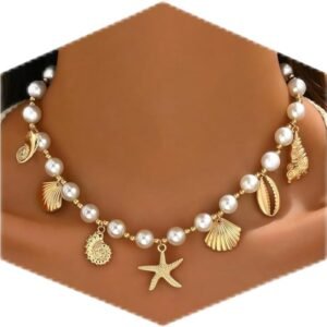 Nackiy Shell Starfish Necklace for Women, Boho Beach Vacation Jewelry | Gold Plated Layered Charm Necklace, Boho Bead Strands, Adjustable Fit, Pearl Shell Starfish Charms, Summer Jewelry Gift