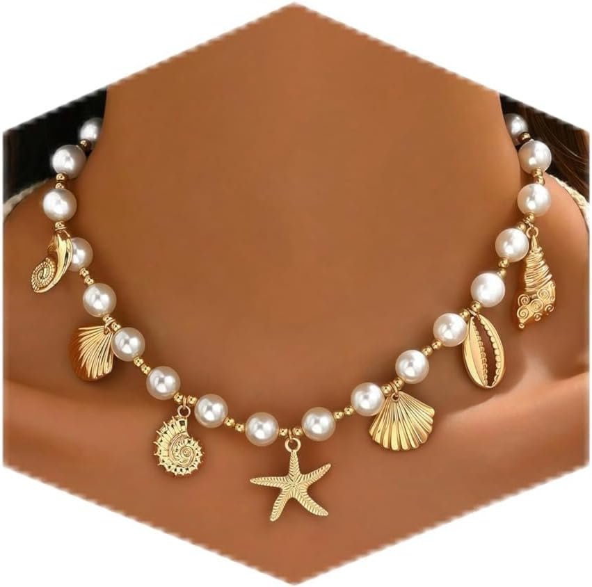 Nackiy Shell Starfish Necklace for Women, Boho Beach Vacation Jewelry | Gold Plated Layered Charm Necklace, Boho Bead Strands, Adjustable Fit, Pearl Shell Starfish Charms, Summer Jewelry Gift