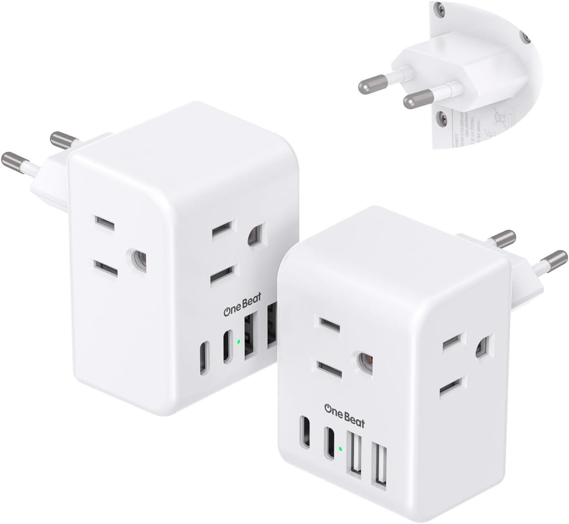2 Pack European Travel Plug Adapter, Type C Plug Adapter Travel Essentials | International Power Adapter with 3 Outlets 4 USB Ports(2 USB C), US to Most Europe EU Spain Italy France Germany Plug Adapter