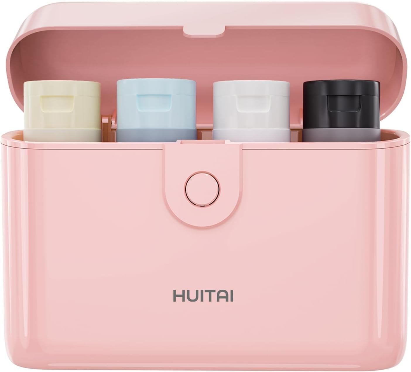 Travel Bottles TSA 4x2oz With Case Leak-Proof Pink | Durable ABS hard case, press-to-unlock, 4 individual compartments, wide-mouth bottles for easy fill, leak-proof seals