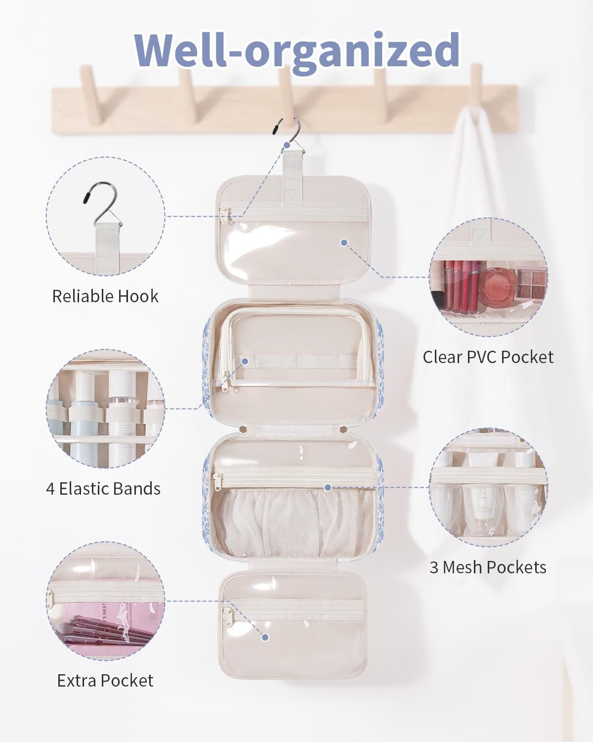Narwey Hanging Travel Toiletry Bag for Women, Cosmetic Makeup Bag Organizer | Multiple Mesh & Zipper Pockets for Travel-Size Toiletries, Water-resistant, Dry Wet Separation, Durable for Travel, Bathroom - Image 2
