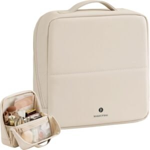 tianzong Travel Makeup Bag with Magnetic Fold-Down Flap, Waterproof Leather Cosmetic and Toiletry Organizer for Women, Multi-Zone Standing Storage, Cream, Large