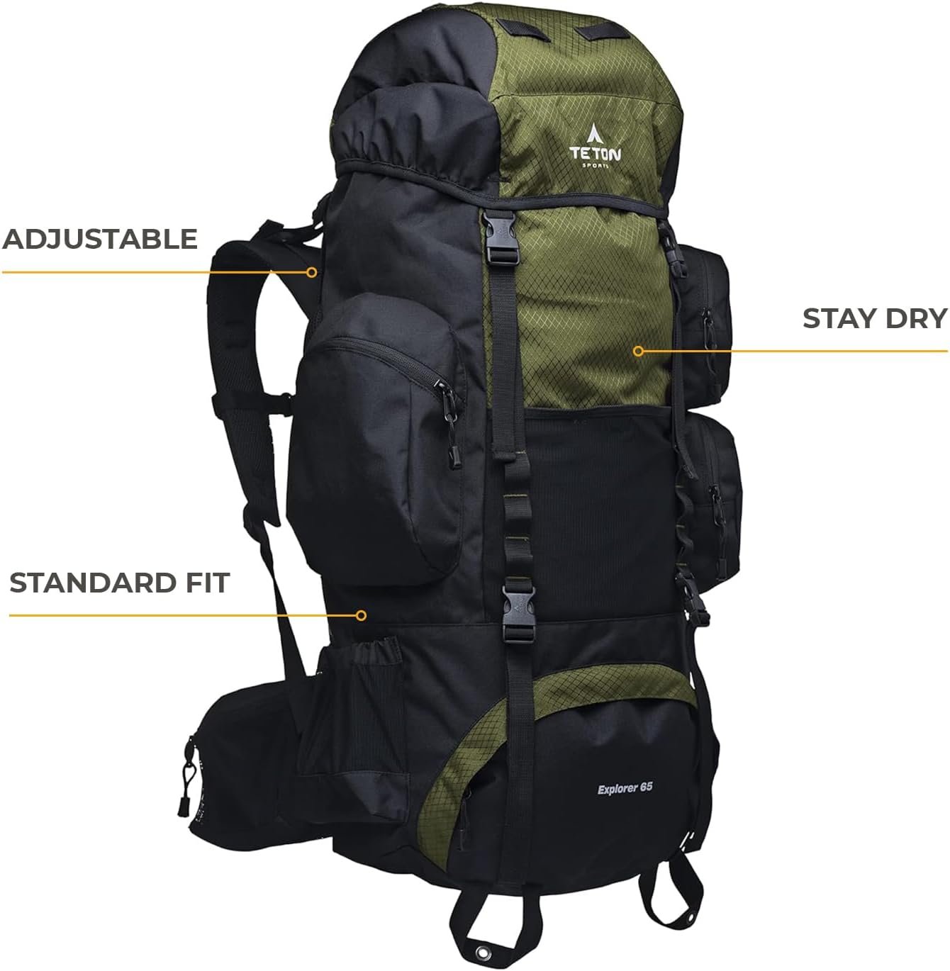 Teton 65L Explorer Internal Frame Backpack for Hiking, Camping, Backpacking, Rain Cover Included, Graphite - Image 2
