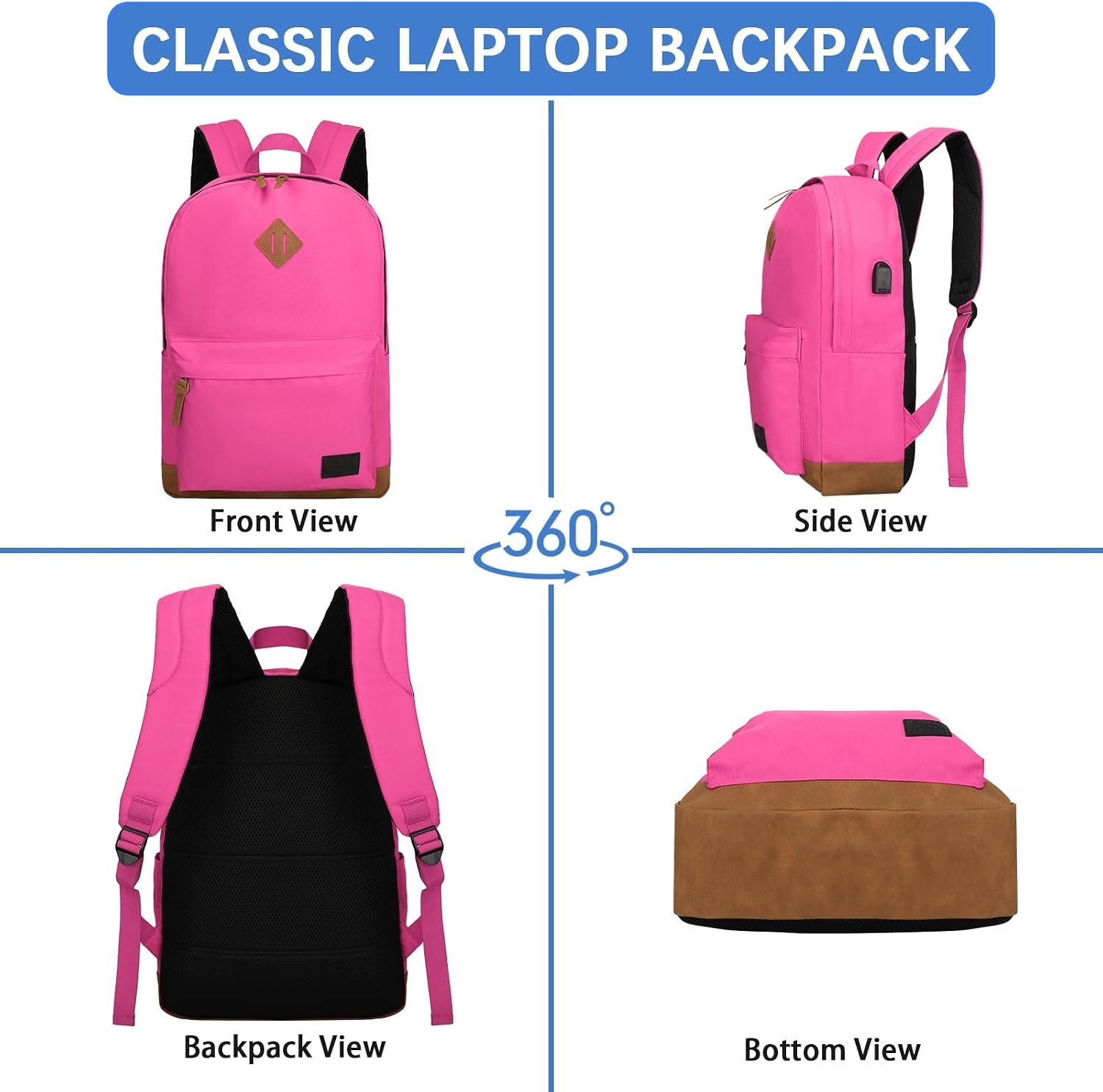Backpack for Men Women,Travel Laptop Backpack, Water Resistant 17.3 Inch USB Charging Backpack, Large Capacity Work Commute Bag,Rose - Image 6
