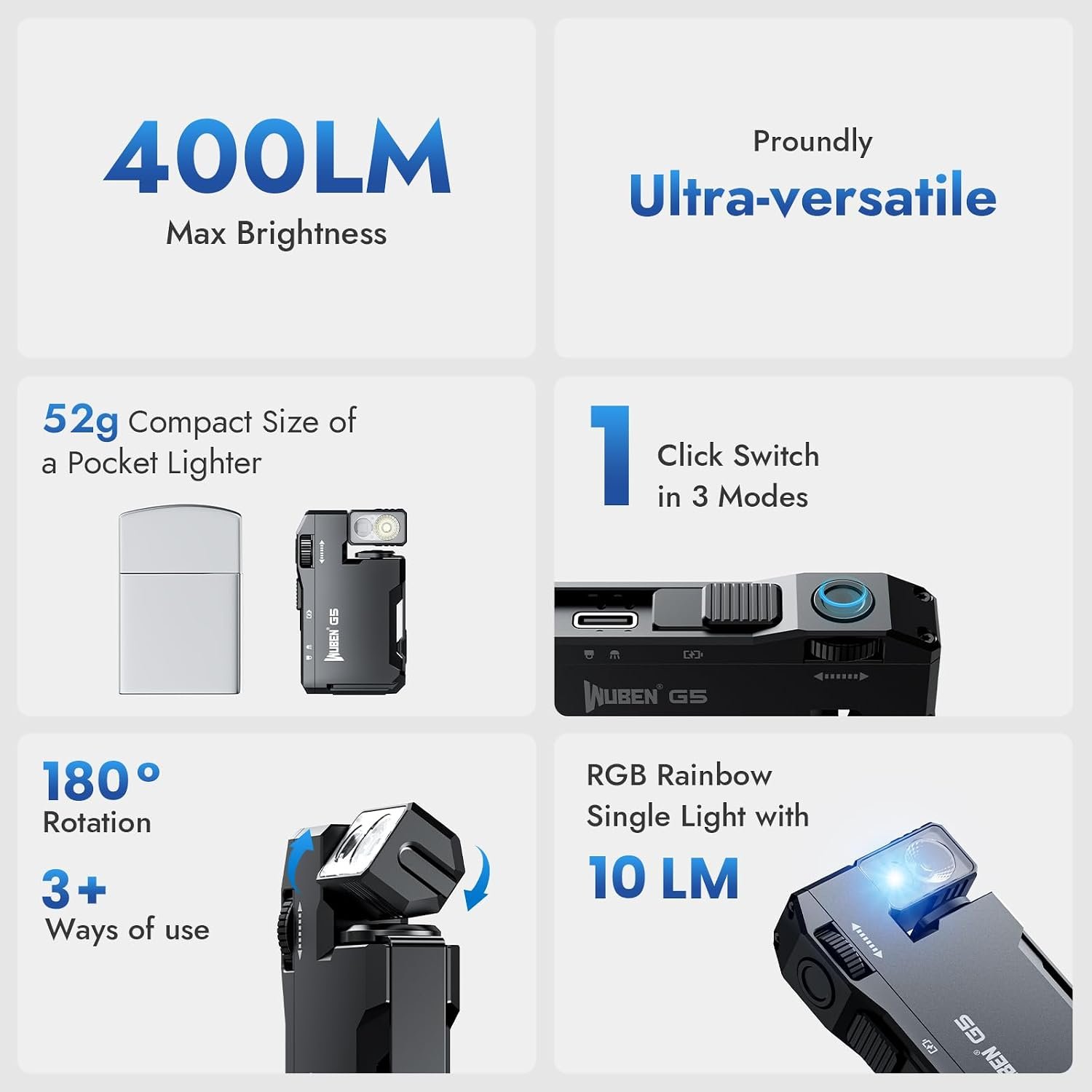 WUBEN G5 Rechargeable EDC Flashlight, Mini Flat Bright Pocket Flashlight | 400 Lumens Dual Light Source LED Flashlight with RGB, Powerful Magnetic Small Keychain Light for Home, Camping, Emergencies - Image 2