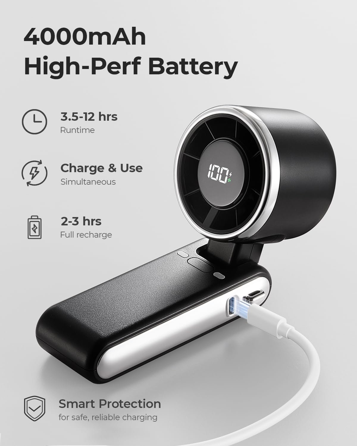 Portable Handheld Turbo Fan - 5 Gear High Speed 4000mAh Rechargeable Mini Personal Hand Fan Blow Cold Air, Battery Operated Travel Essentials, Beach Vacation, Gifts for Women, Men (Black) - Image 5