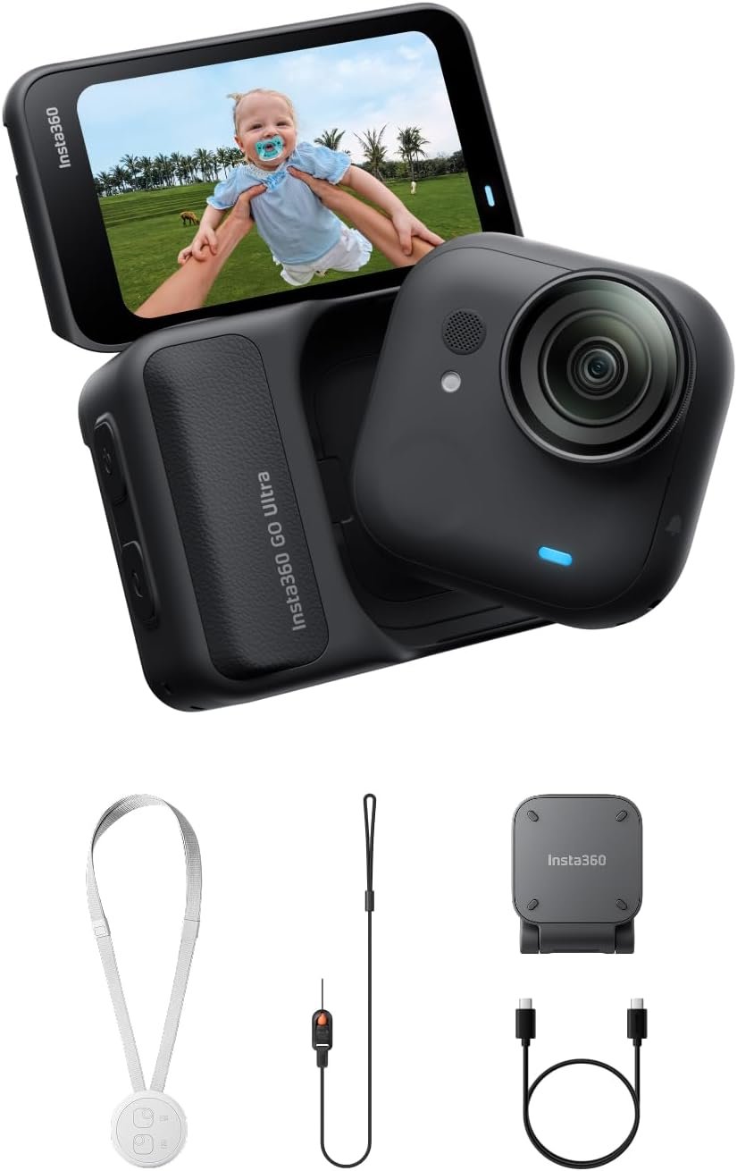 Insta360 GO Ultra - Small 4K Vlogging Camera, Hands-Free, POV Cam, 1/1.28" Sensor, 53g Lightweight, 156° FOV, 200 Min Battery Life, Magnetic Wearable Action Camera for Sports, Vlog,Midnight Black
