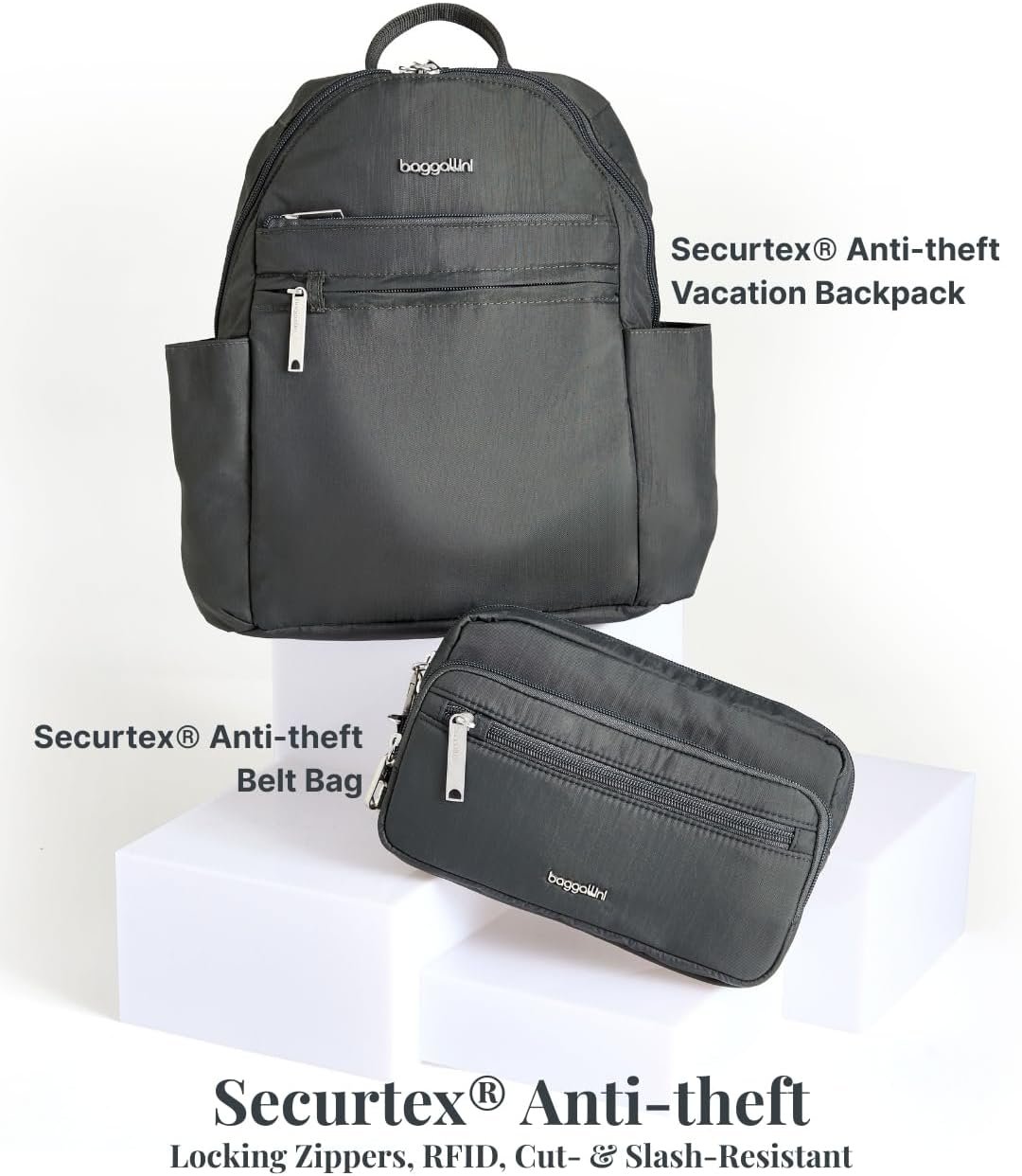 Baggallini Securtex® Anti-theft Vacation Travel Backpack 10x13 Slash-Resistant Nylon Daypack w/RFID, Charcoal - Image 7