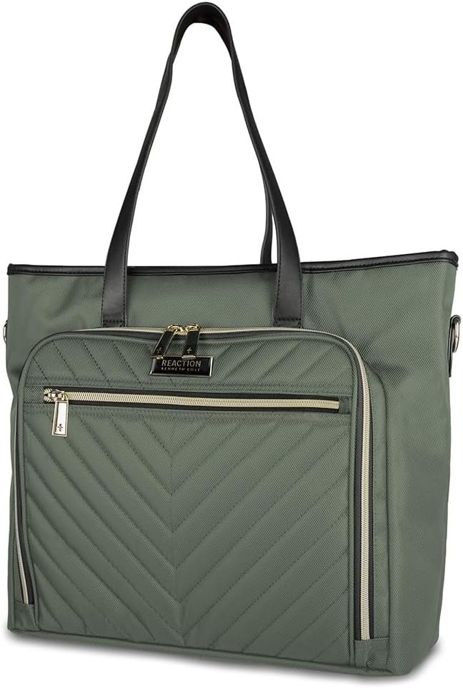 Kenneth Cole REACTION Chelsea 2-Piece Bundle - 20" Chevron Expandable 8-Wheel Carry-On Suitcase & Matching 15" Laptop Tote Bag, Olive - Image 4