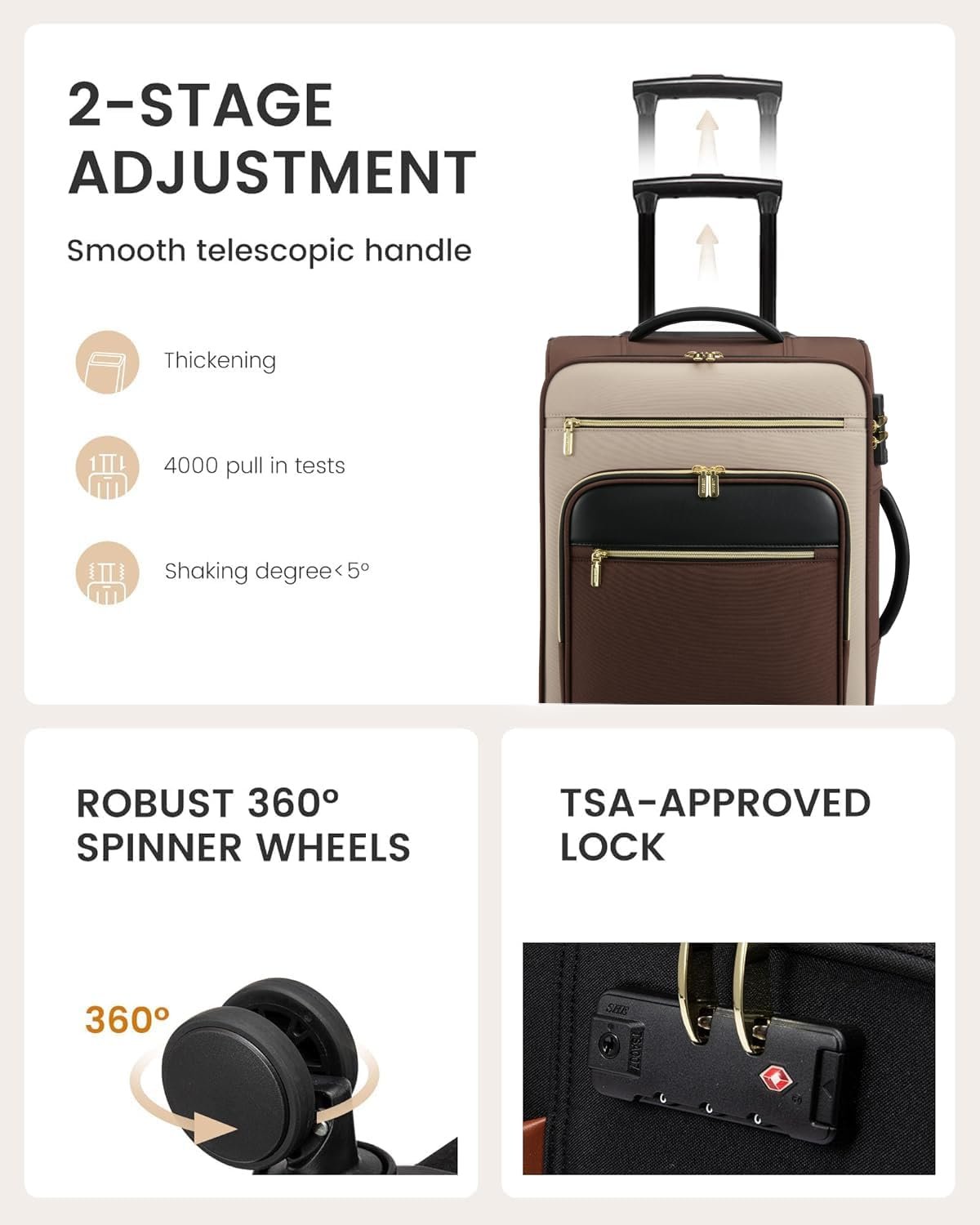 LOVEVOOK Carry on Suitcase 22x14x9 Airline Approved,20 inch Apricot-Coffee | Special Garment Compartment,Lightweight Waterproof, 360° Silent Swivel Wheels, TSA Lock and Compartment, Large Capacity - Image 6