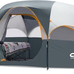 CAMPROS CP 8 Person Camping Tent, Room Divider, Rainfly, Weather Resistant | Family tent with 5 large mesh windows, double-layer design, and a carry bag, 14' x 9' x 72"(H)