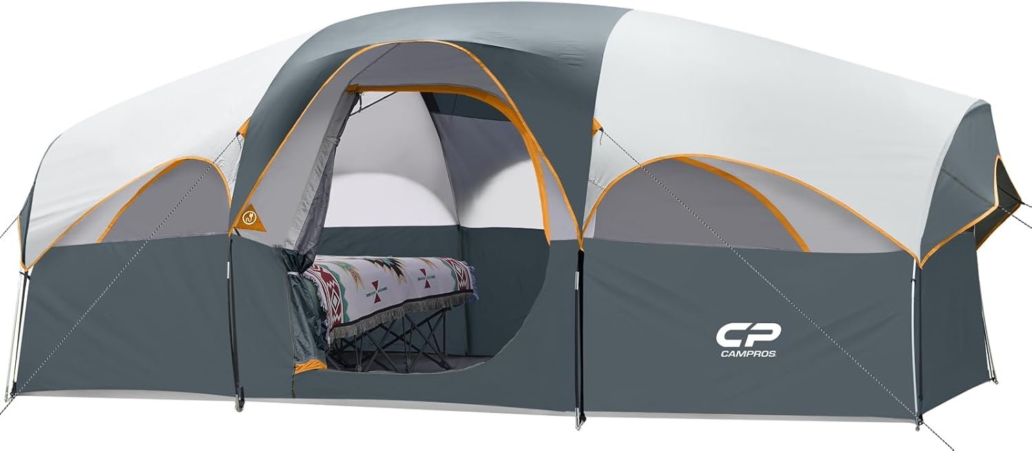 CAMPROS CP 8 Person Camping Tent, Room Divider, Rainfly, Weather Resistant | Family tent with 5 large mesh windows, double-layer design, and a carry bag, 14' x 9' x 72"(H)