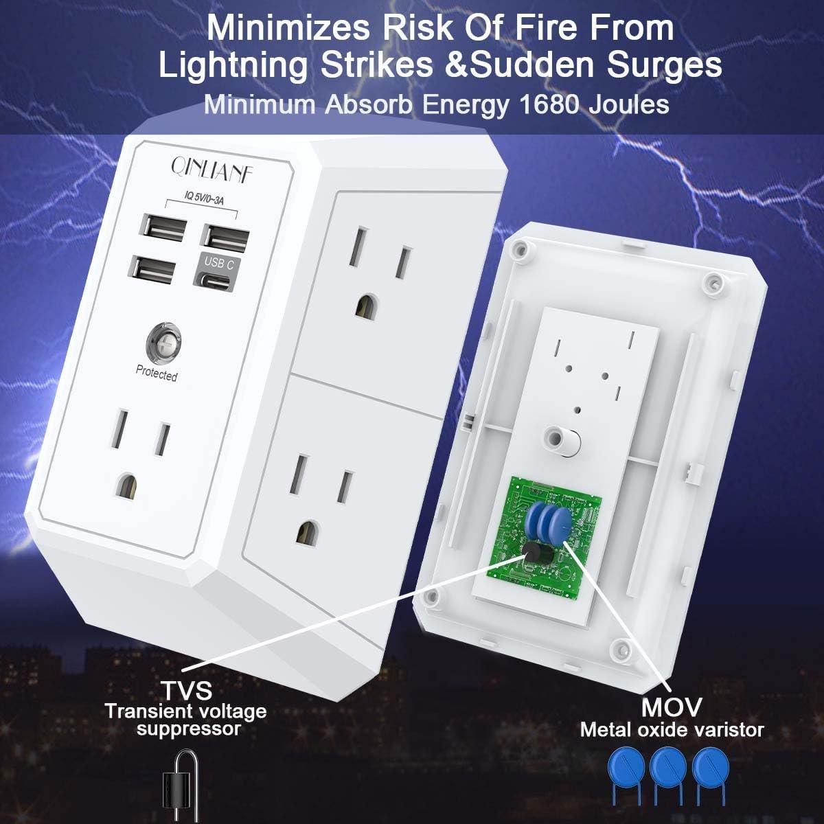 Wall Charger, Surge Protector, QINLIANF 5 Outlet Extender with 4 USB Ports | 1680 Joues, 3-Sided Power Strip, Multi Plug Wall Outlet Adapter Spaced for Home Travel Office - Image 6