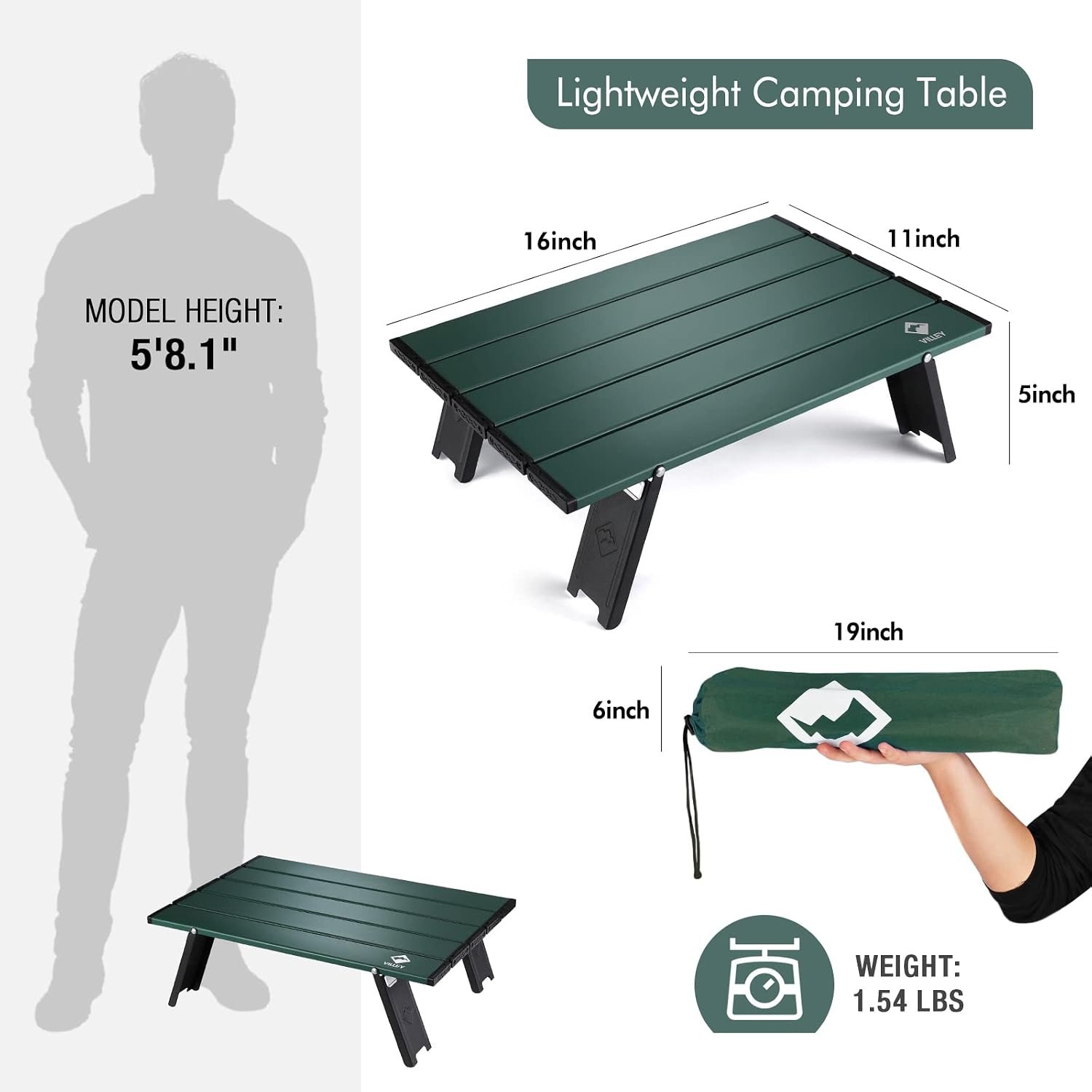 VILLEY Portable Mini Folding Beach Table, Ultralight Aluminum Side Table | Lightweight Aluminum Side Table with Carry Bag for Beach, Camping, Picnics, Hiking, Fishing & Travel, Green - Image 3