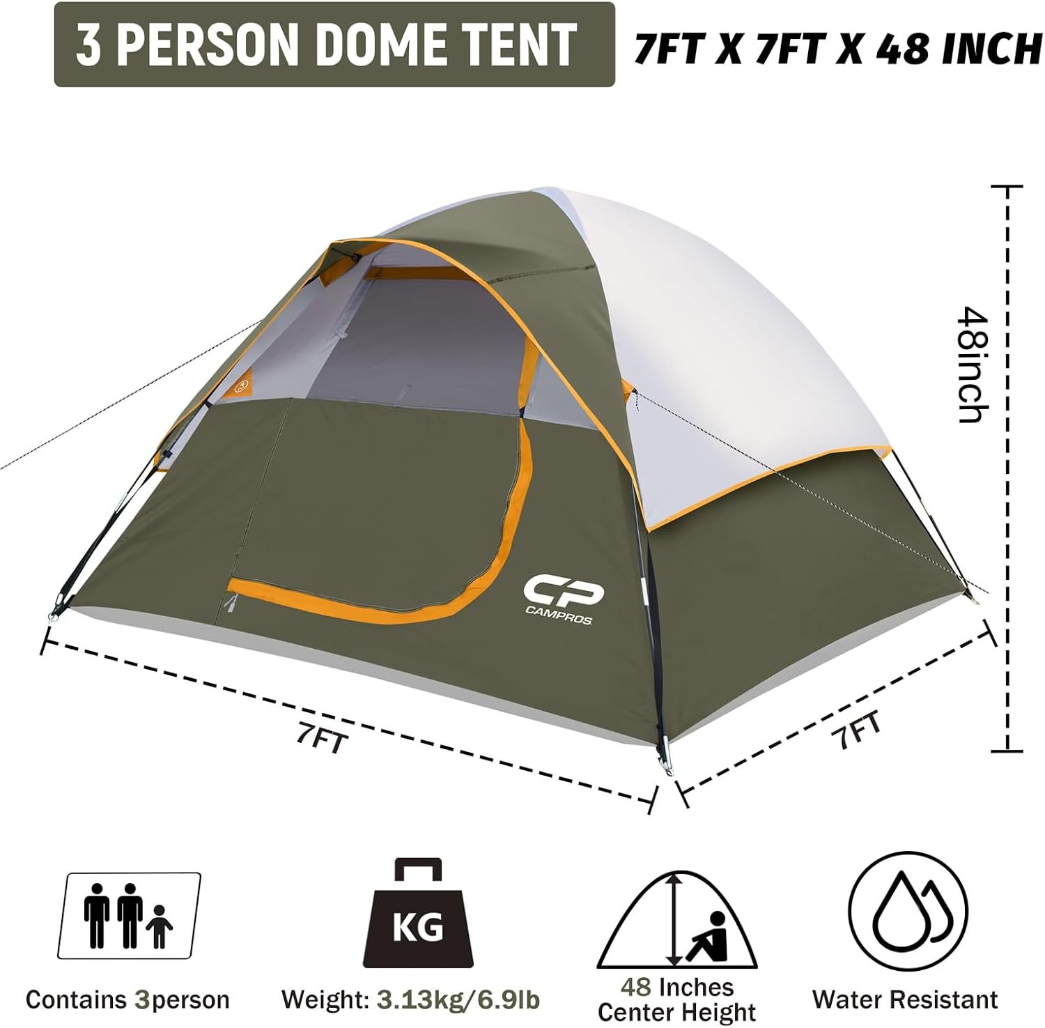 CAMPROS CP 3 Person Tent, Waterproof Dome Tents for Camping with Rainfly | Camping Tent Easy Setup in 3 Mins, Portable Family Tent with Large Mesh Window & Carry Bag for Outdoor Hiking - Image 2