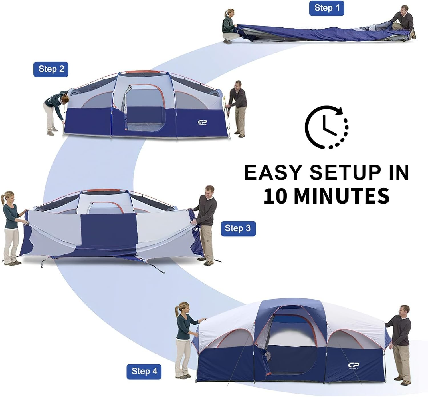 CAMPROS CP 8 Person Camping Tent, Room Divider, Rainfly, Weather Resistant | Family tent with 5 large mesh windows, double-layer design, and a carry bag, 14' x 9' x 72"(H) - Image 2
