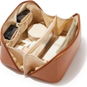 EACHY Travel Makeup Bag for Women, PU Leather Cosmetic Bag, Brown, Medium | Water-resistant PU leather exterior with flat-open access, clear TPU brush compartment and organized storage for cosmetics