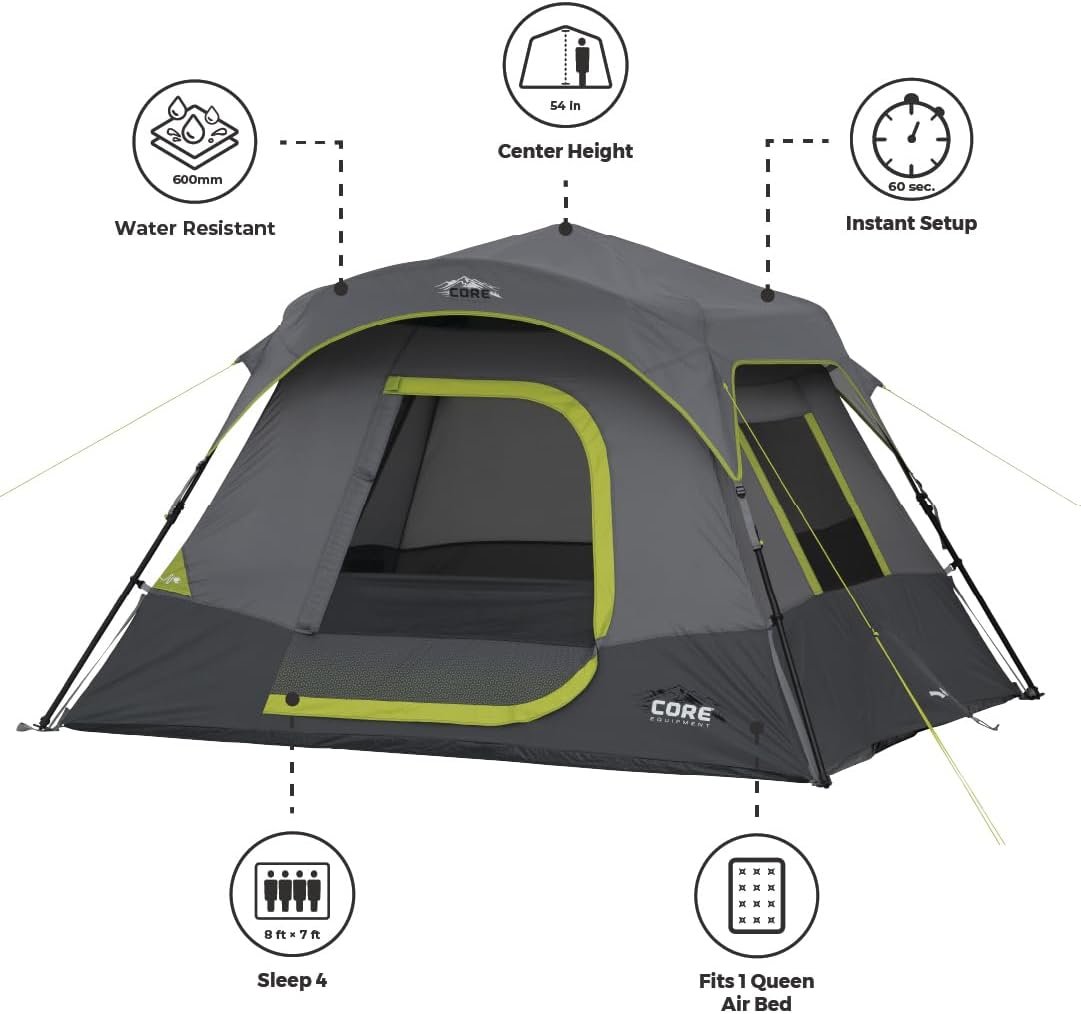CORE 4 Person Instant Cabin Tent Camping Set | Includes 1 Pop Up Tent with 60 Second Setup, 1 Outdoor Table & 2 Camp Chairs | Perfect for Family Car Camping with Included Carry Bag - Image 2