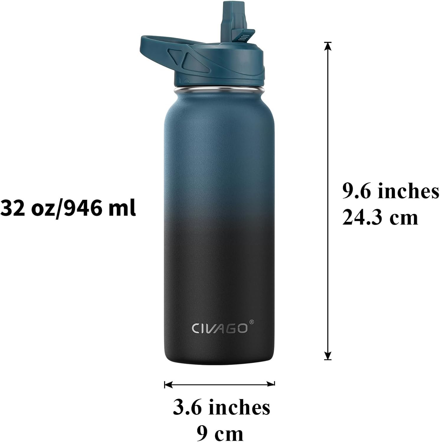 CIVAGO 32 oz Insulated Stainless Steel Water Bottle With Straw and 3 Lids | Large Metal Sports Water Jug, Leakproof Reusable Wide Mouth Thermal Flask Cup with Silicone Boot, BPA-Free, Black - Image 4