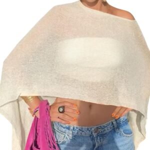 Women Poncho Shawl Top Beach Cover Up 3XS-6XL | Sheer Vacation Festival Swimsuit Crochet Knit Mesh Plus Shrug Cape Y2K Asymmetrica Off the Shoulder Boho Summer Concert Rave