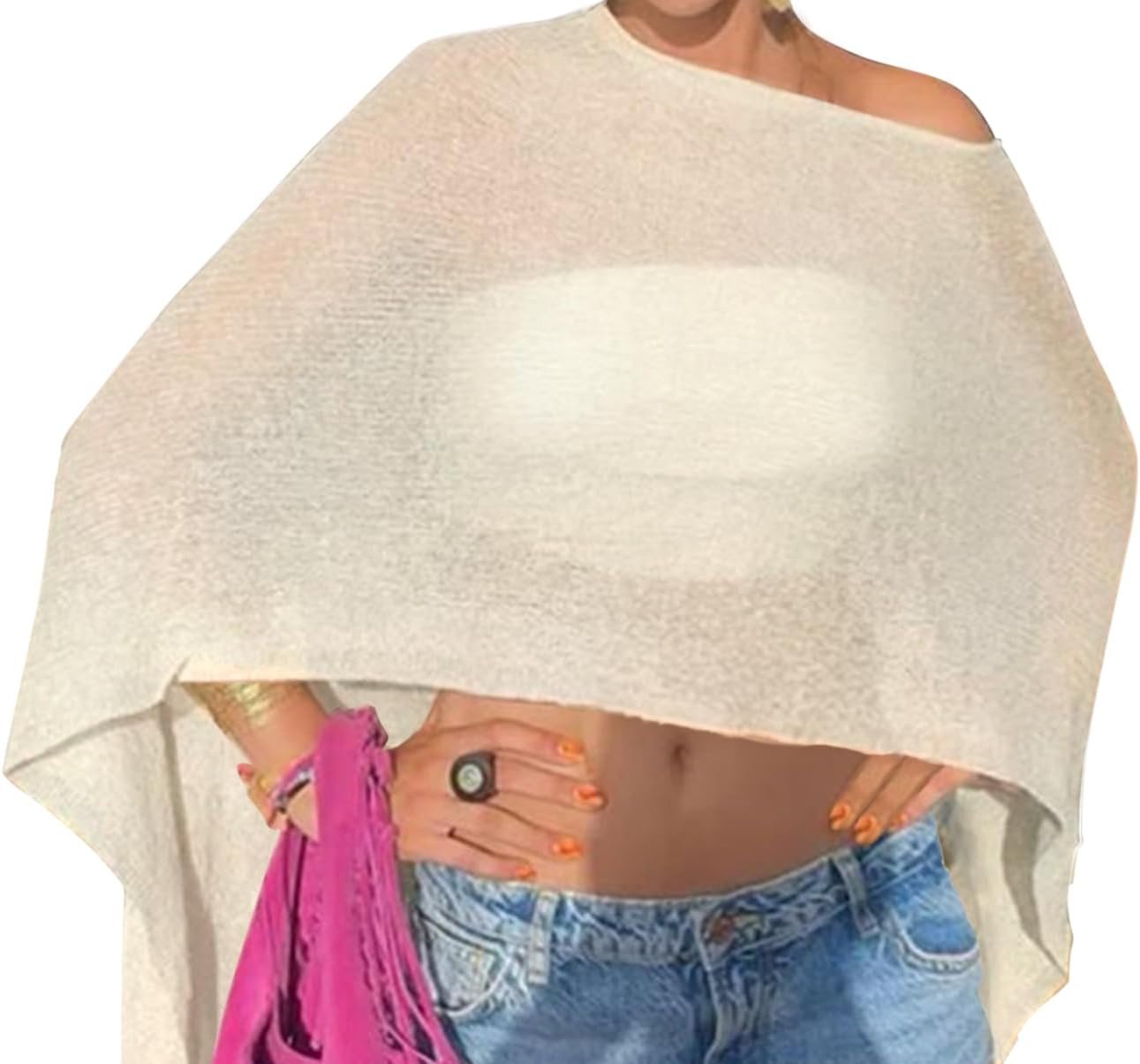 Women Poncho Shawl Top Beach Cover Up 3XS-6XL | Sheer Vacation Festival Swimsuit Crochet Knit Mesh Plus Shrug Cape Y2K Asymmetrica Off the Shoulder Boho Summer Concert Rave
