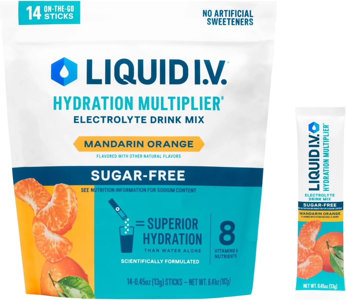 Liquid I.V. Sugar Free Hydration Electrolytes, Mandarin Orange, 14 Count | Scientifically Formulated | Clinically Proven Hydration | Zero Sugar | No Artificial Sweeteners | Non-GMO | Powder Drink Mix