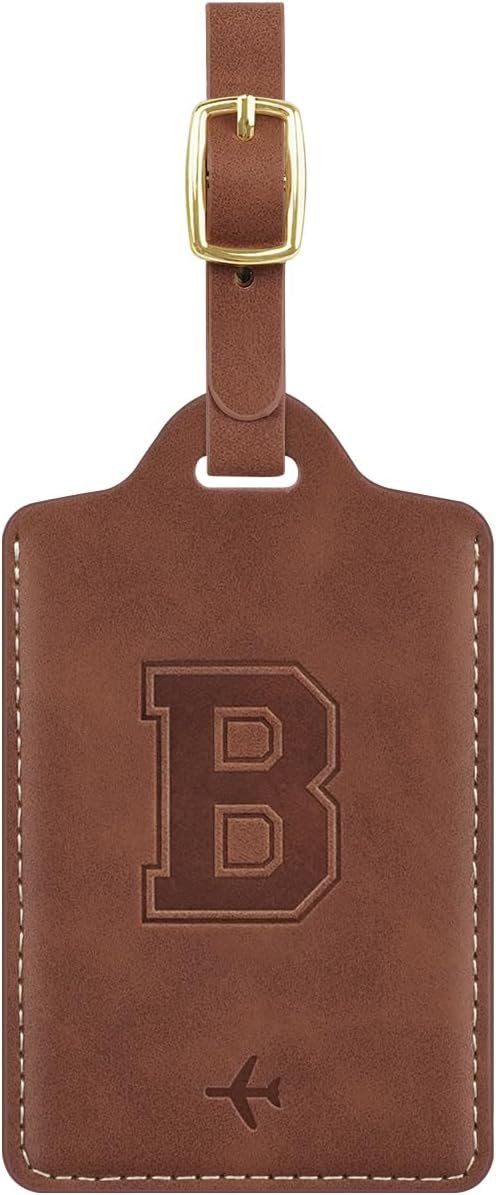 Luggage Tags for Suitcase Personalized Initial Leather Bag Tags | Embossed Travel Tags, 3 Info Cards, Privacy, Travel Essentials, Monogrammed Letter, Backpack Tags, Women and Men, Brown B
