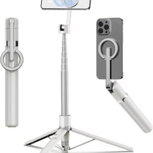 TONEOF 68" Magnetic Aluminum Phone Tripod Selfie Stick for iPhone & Android | Rechargeable Remote,360° Rotatable Foldable Cell Phone Stand Holder with Metal Ring,Travel Tripod for Magsafe (Beige Gray)