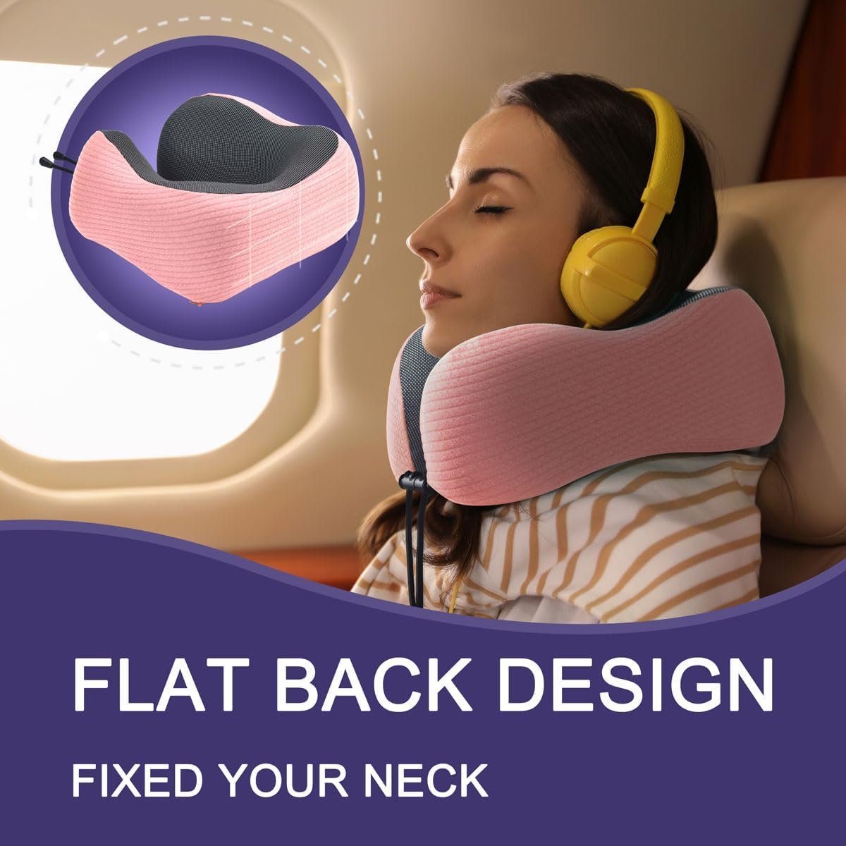 napfun Neck Pillow for Travel with Travel Pouch, Sleep Mask & Earplugs, Memory Foam Airplane Pillow for Headrest Sleep with Eyeshades, Plane Essentials with Eye Blindfold, Pink Striped Kit - Image 4
