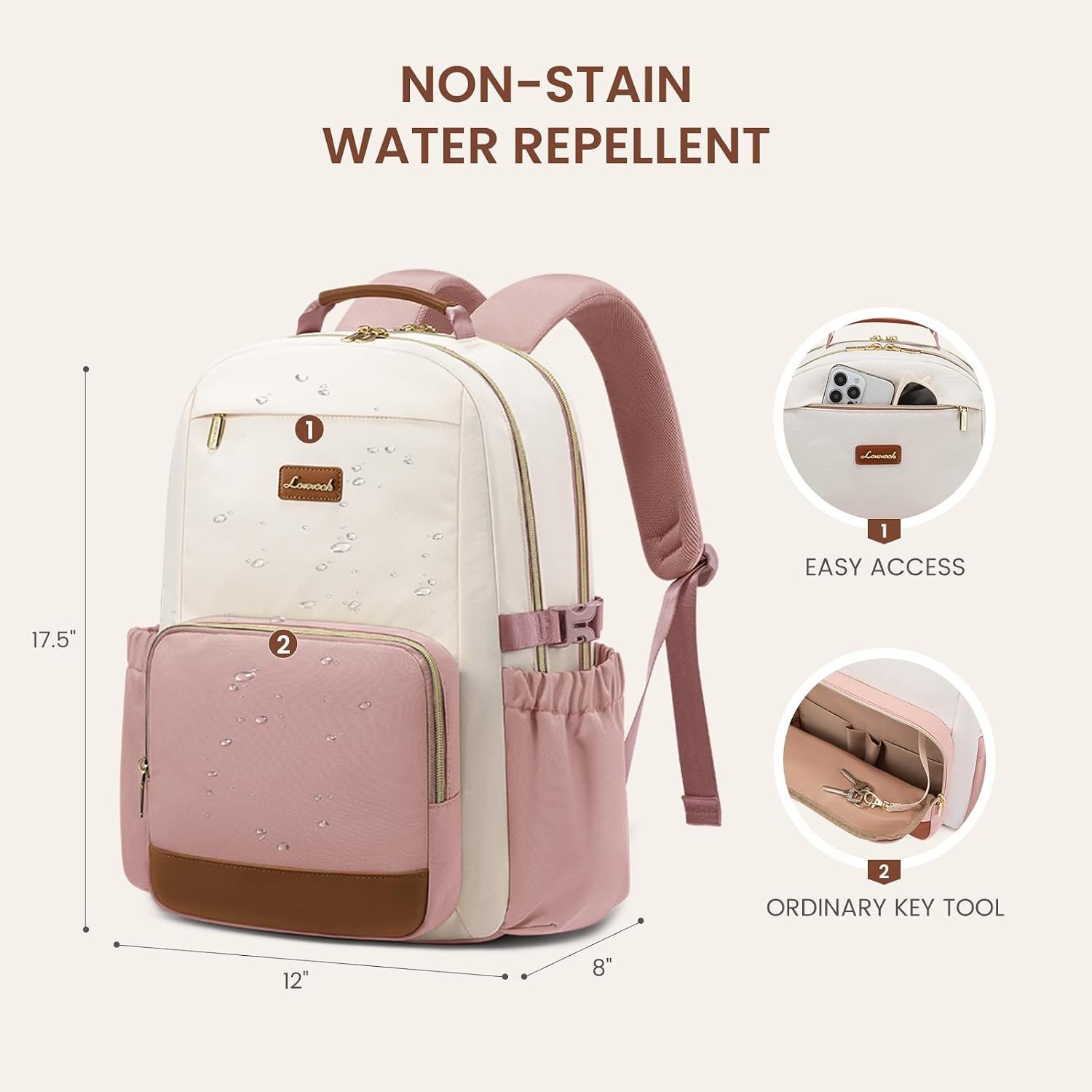 LOVEVOOK Laptop Backpack for Women with Pouch Pocket for Large Capacity Cup,15.6 Inch Teacher Nurse College Work Backpack Purse,Waterproof Laptop Bag Computer Back Pack for Travel, Beige-Pink-Brown - Image 4