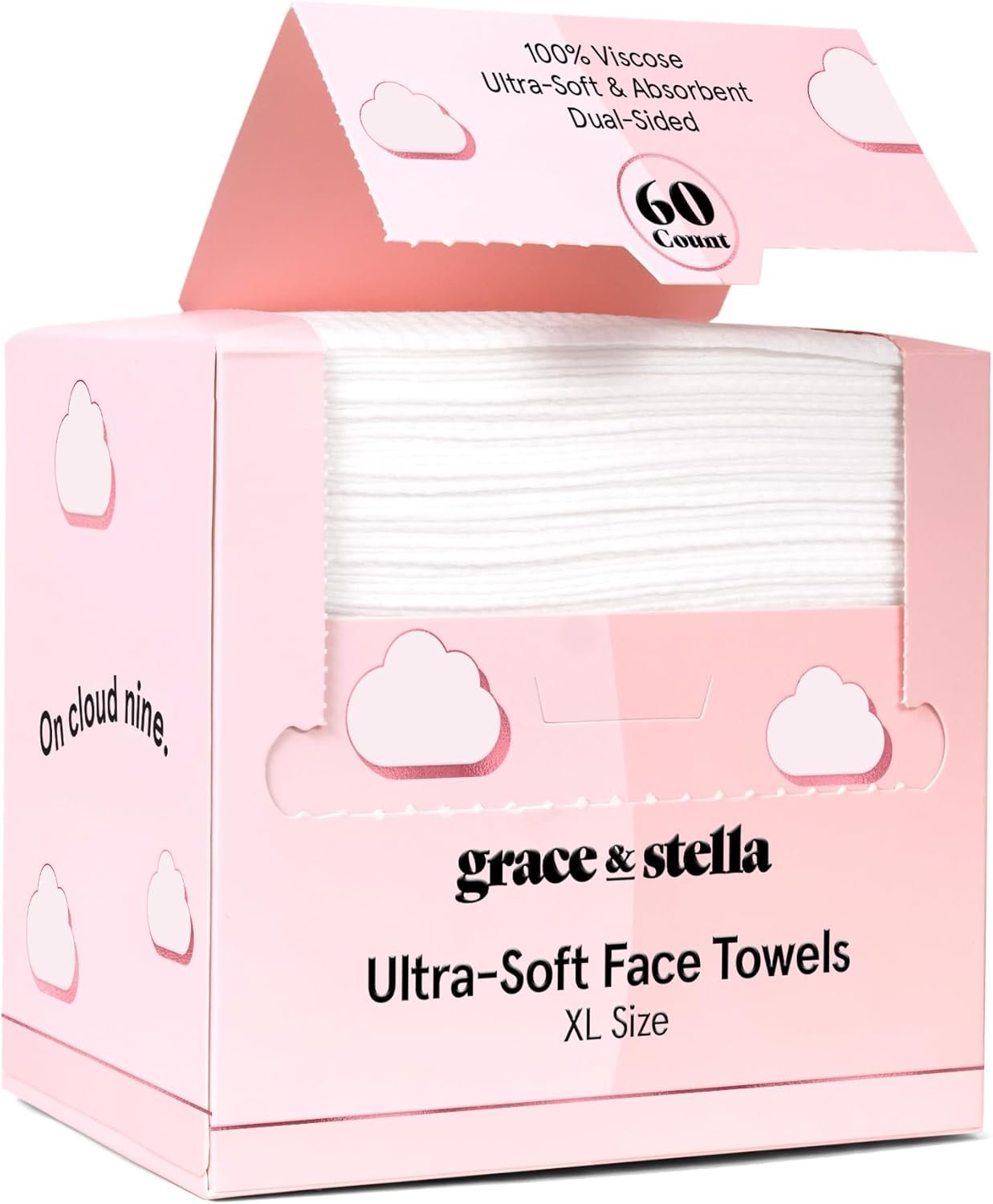 grace & stella Face Towels Disposable - Travel Essentials (60 Count) | Ultra-Soft & Absorbent Face Wipes Towelettes - XL Facial Towels for Cleansing & Makeup Removal - Lint-Free Facial Tissue