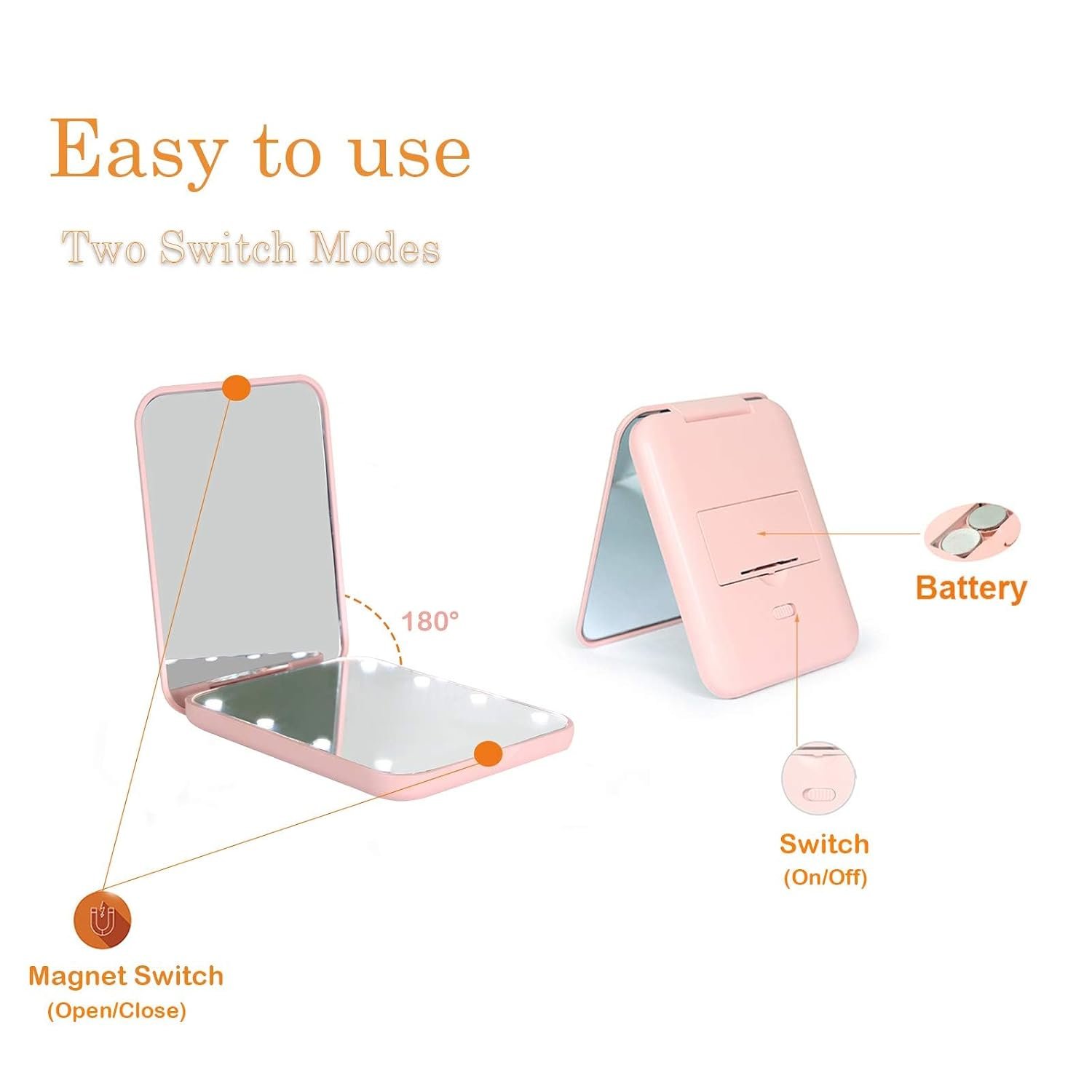 Kintion Pocket Mirror, 1X/3X Magnification LED Compact Travel Makeup Mirror with Light for Purse, 2-Sided, Portable, Folding, Handheld, Small Lighted Mirror for Gift, Pink - Image 6