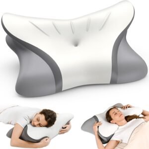 Pain Relief Cervical Neck Pillow, Ergonomic Contour | Q-Max Cooling | Non-Temperature Memory Foam | Side/Back/Stomach Sleeper Support for Sleeping, Reading, Scrolling,(White&Grey)